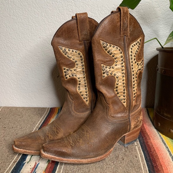 Frye Shoes - Frye Western Leather & Python Brown Cowboy Boots